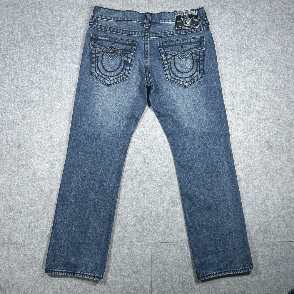 True Religion Jeans Billy Super T 36x34 Blue Faded Denim Big Black Stitching